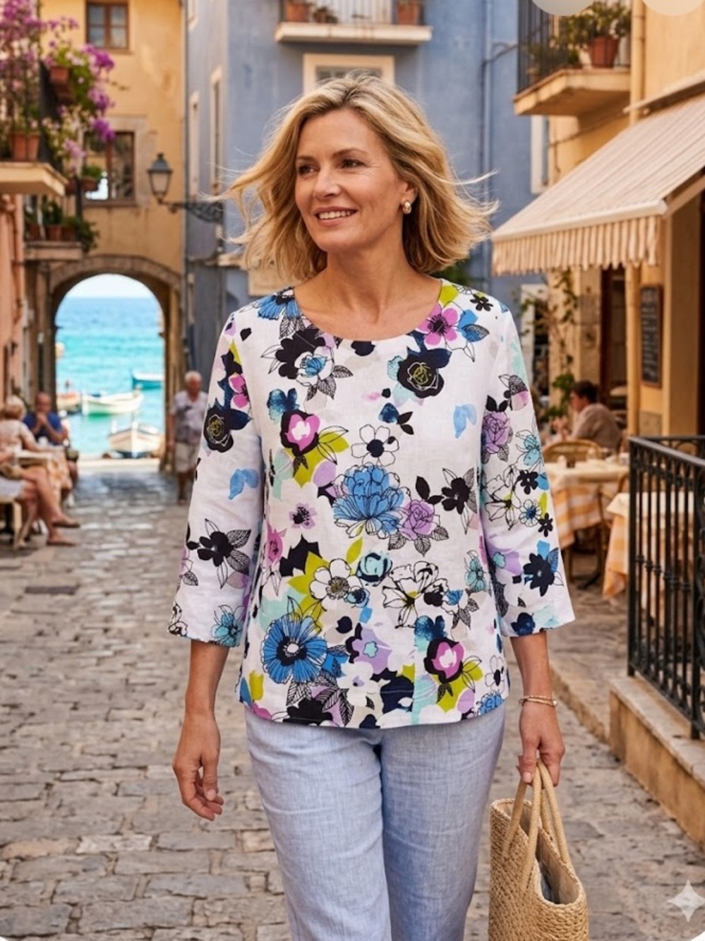 Liv by Habitat French Floral Linen Top in White, Blue & Lavender